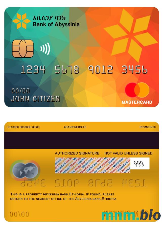 Ethiopia Abyssinia bank przykład karty mastercard w formacie PSD